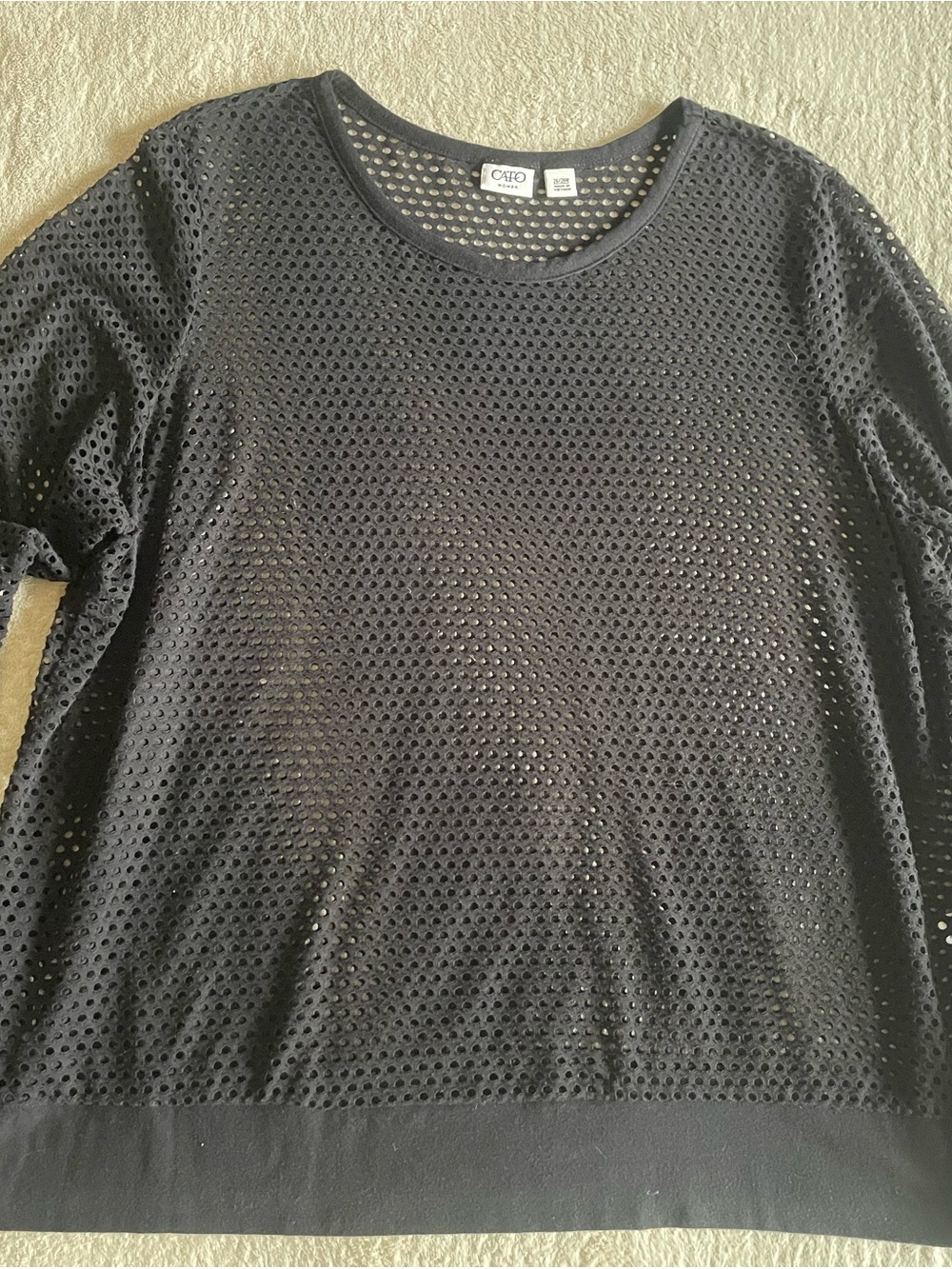 Cato 26/28W Black Open Knit Mesh Top Plus Size Sheer Long Sleeve Oversized